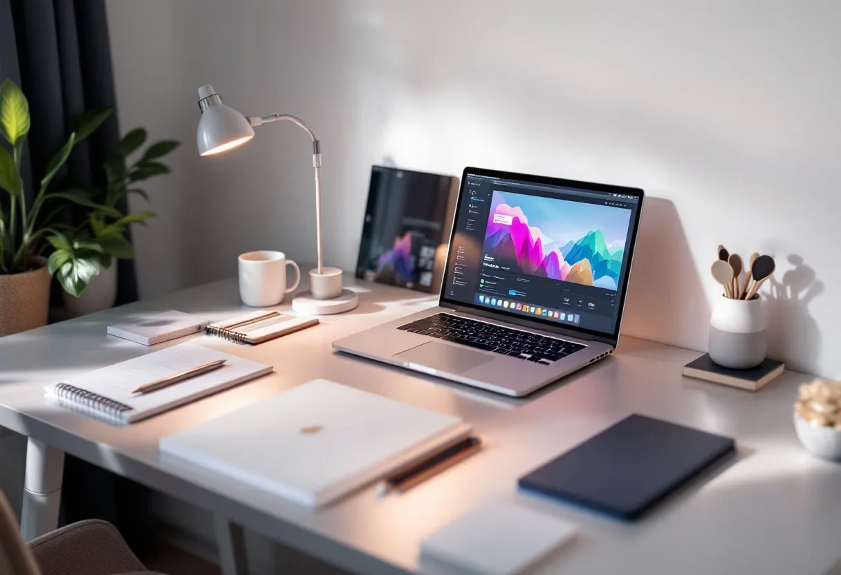 A workspace with laptops and a desk lamp